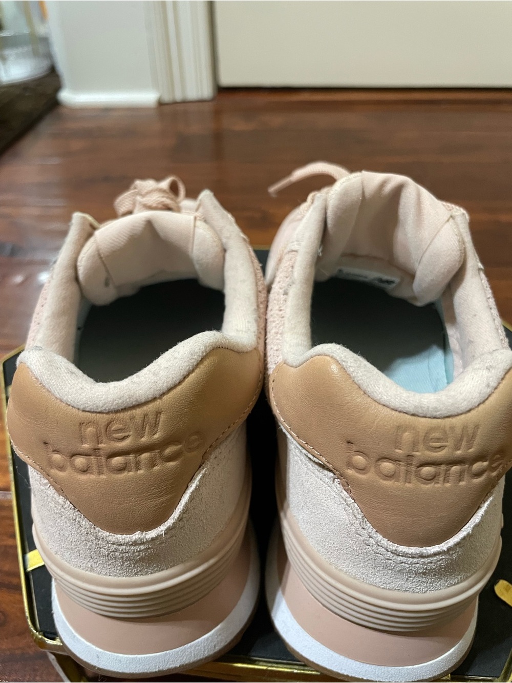 New Balance Women 574 Woven WL574WMB Blush Pink Suede & Tan Accent Sneakers - Picture 5 of 5